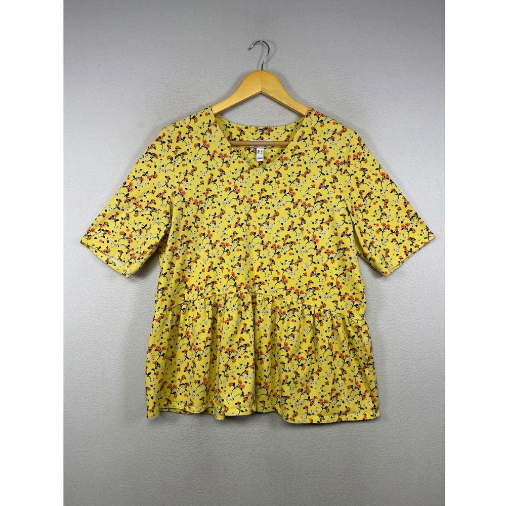 Sunny Cottagecore Denim & Co Women L Yellow Floral Babydoll Short Sleeve Top